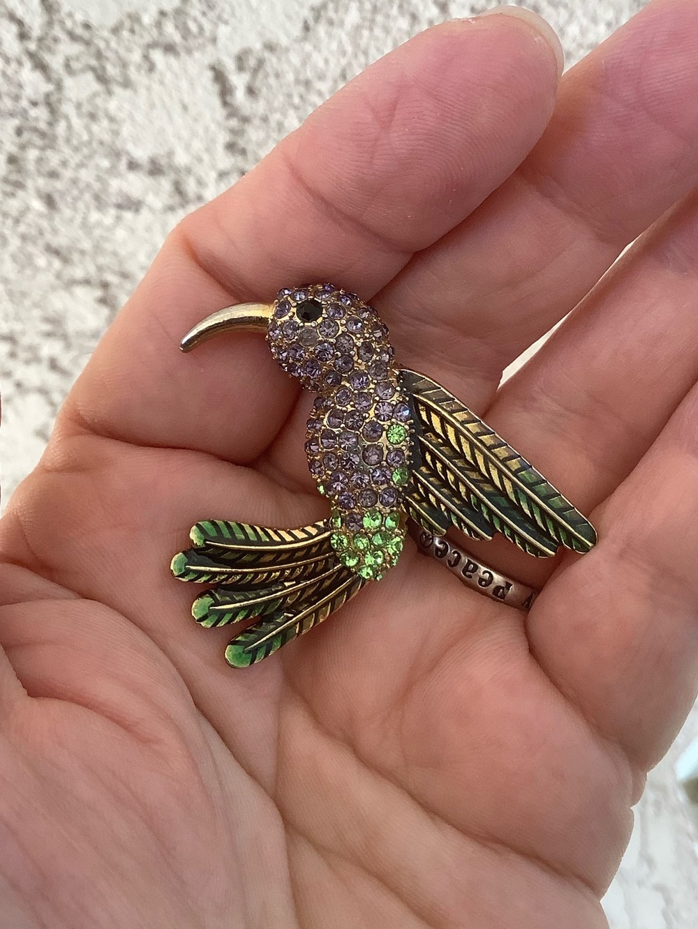 Gold-Tone Hummingbird Brooch with Purple and Green Crystals